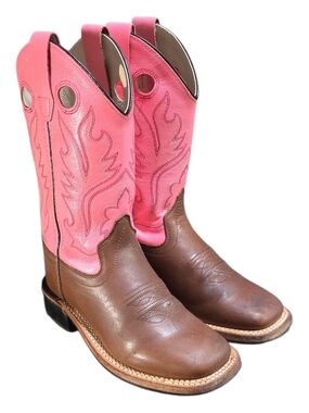 OLD WEST Brown Pink Leather Square Toe Cowboy Boots Youth Size 1 Style BSC1839